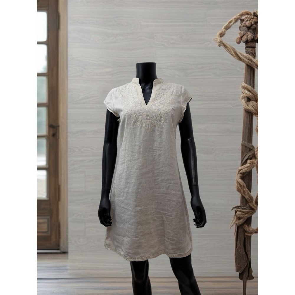 Cynthia Rowley 100% Linen‎ Beige Embroidered Tunic Dress Boho Resort Size 4